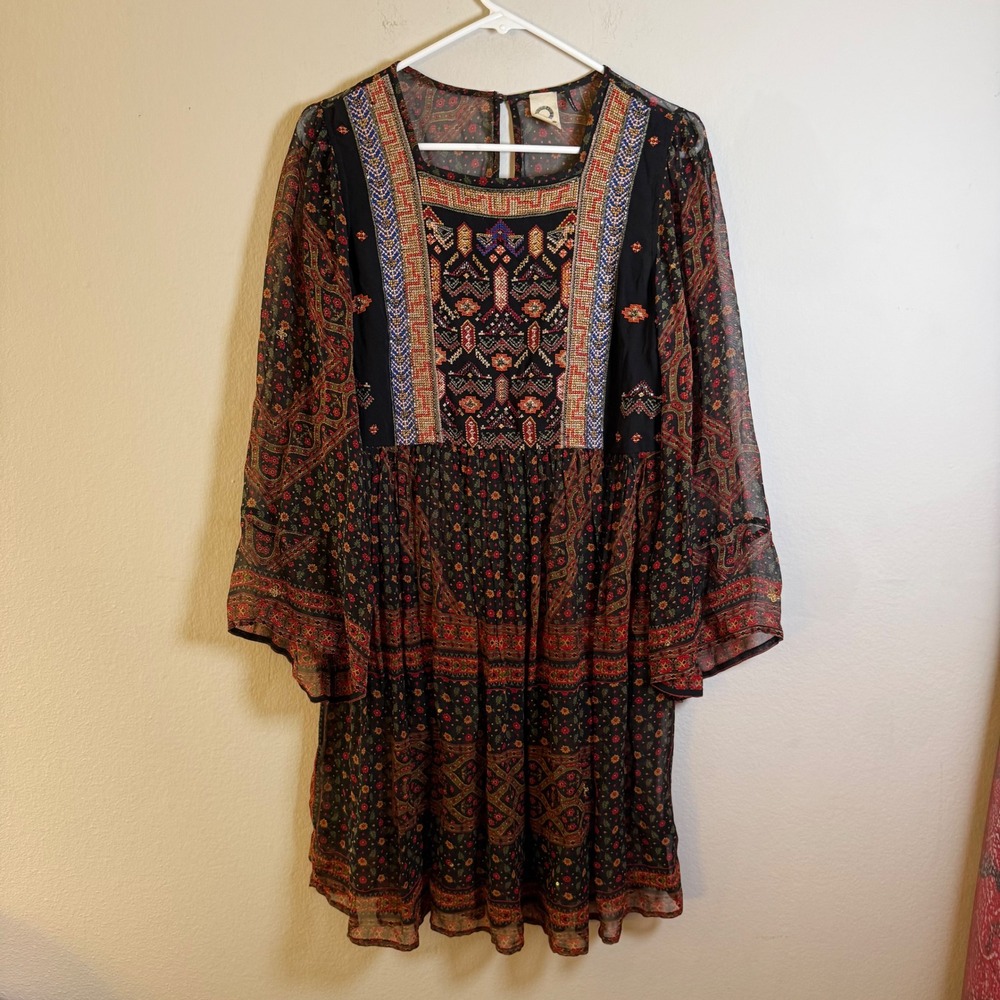 Akemi + Kin Boho Embroidered Floral Paisley Mini Dress Black Red Women Small‎